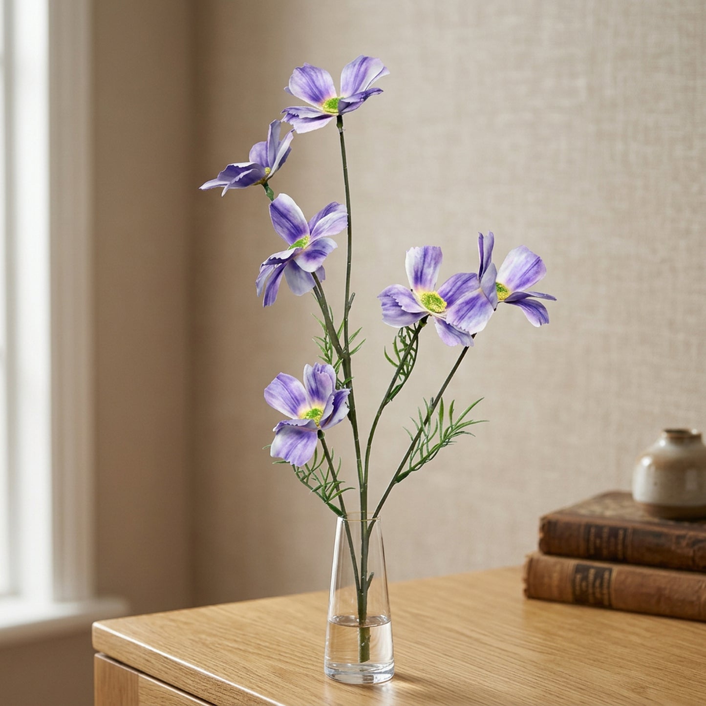 Artificial Purple Cosmos Flower Stick 82 cm – Real Touch Faux Wildflower Spray for Vase & Home Décor