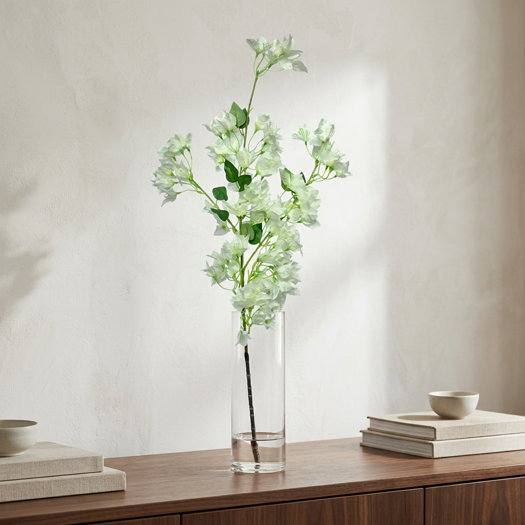 Artificial White Bougainvillea Stick 120 cm – Real Touch Tall Faux Flower Branch for Floor Vase & Home Décor
