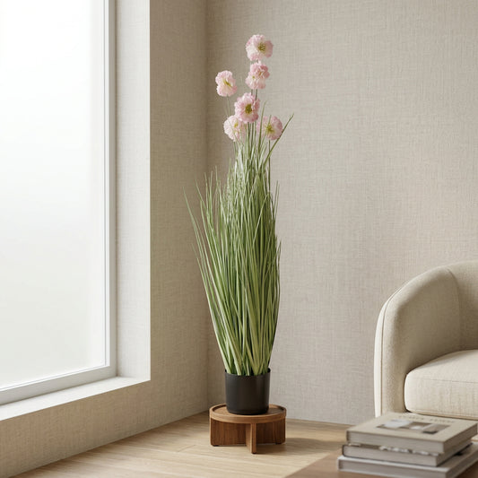 Artificial Tall Grass Plant with Pink Flowers 125 cm – Real Touch Faux Plant with Pot for Home Décor