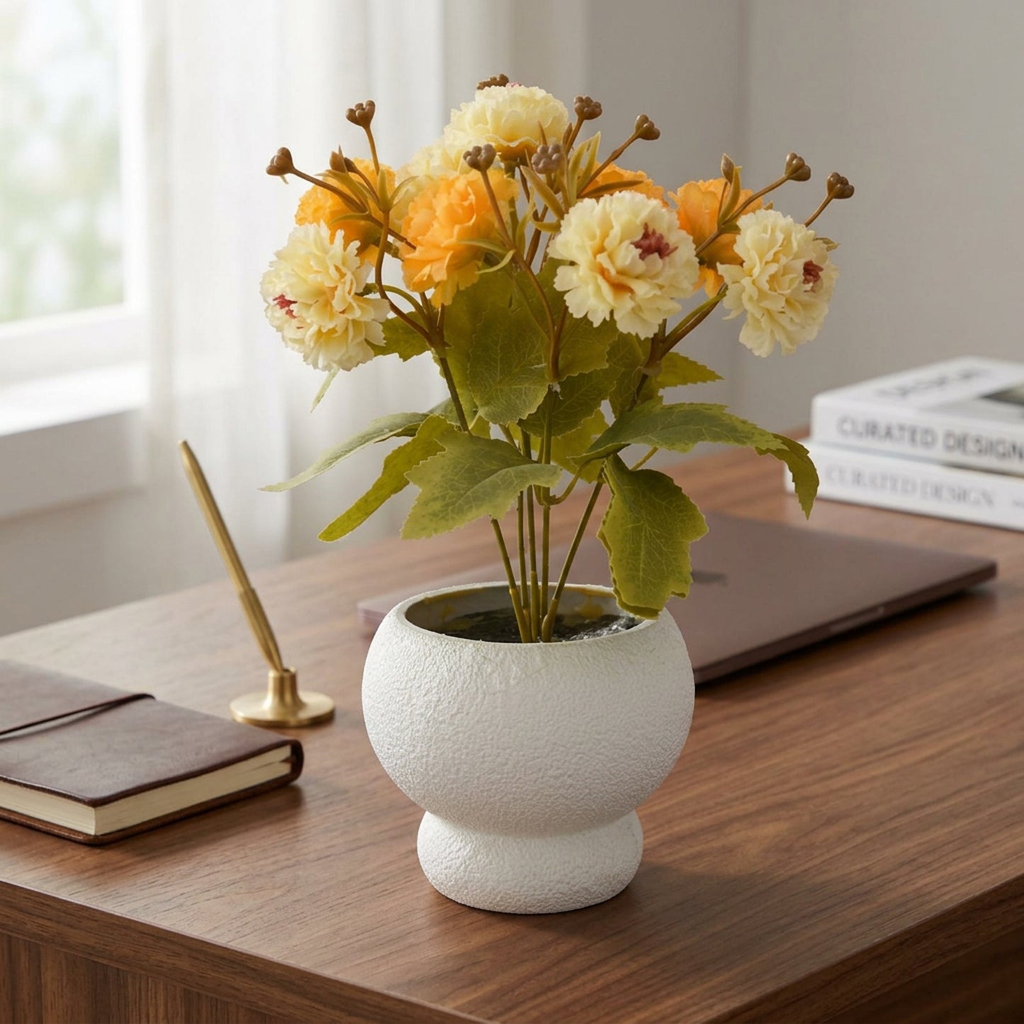 Artificial Cream Orange Flower Plant with Pot 40 cm – Real Touch Potted Flowers for Home & Pooja Décor