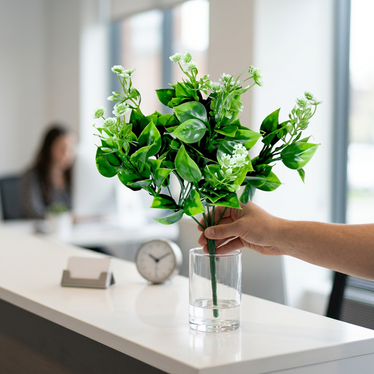 Artificial Green Leaf Bunch 34 cm with White Flowers – Real Touch Faux Foliage for Home & Garden Décor
