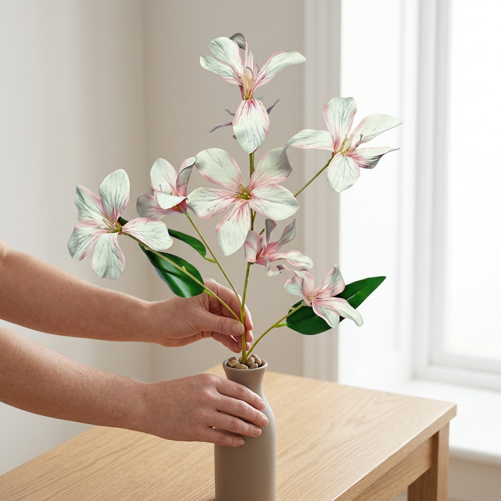 Artificial White-Pink Lily Flower Stick 78 cm – Real Touch Faux Flower Spray for Vase & Home Décor