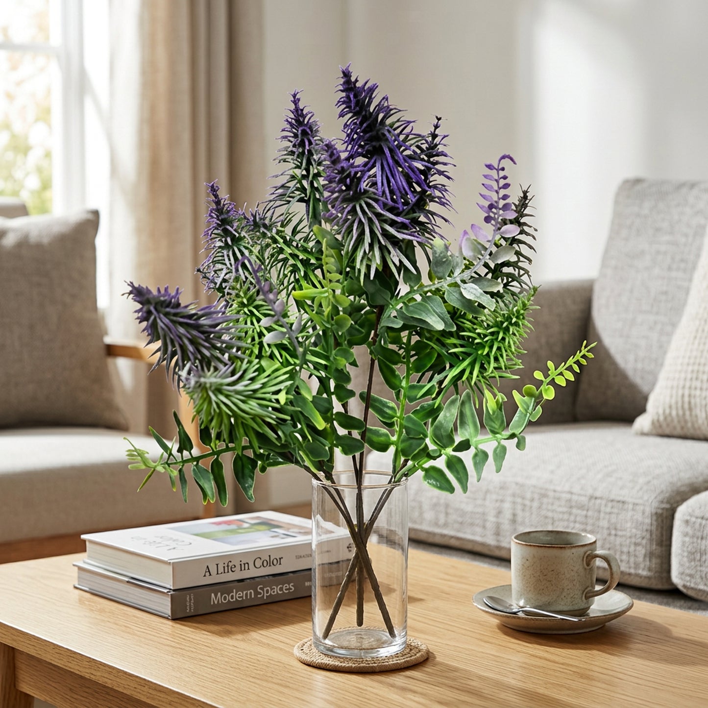 Artificial Lavender & Fern Bunch 34 cm – Real Touch Faux Purple Flower Bush for Home & Garden Décor