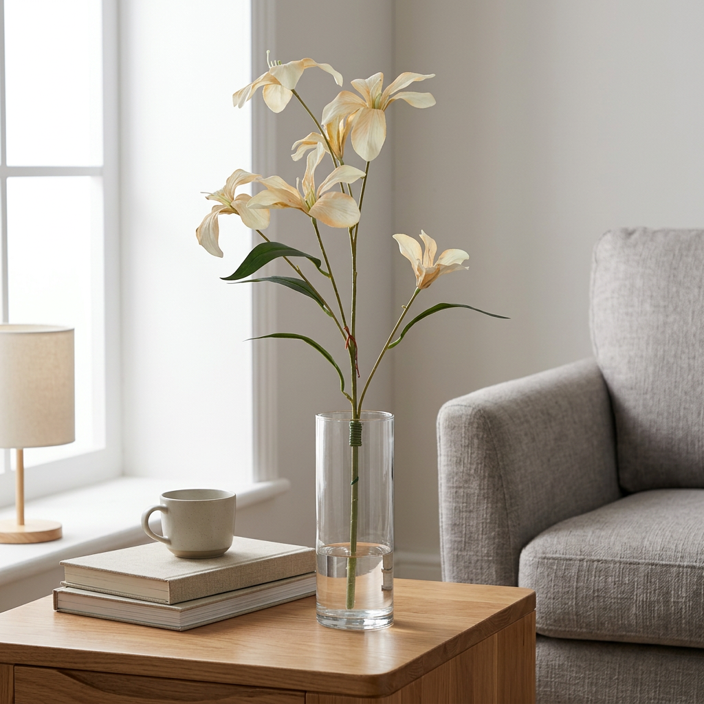 Artificial Cream White Lily Stick 77 cm – Real Touch Faux Flower Spray for Vase & Home Décor