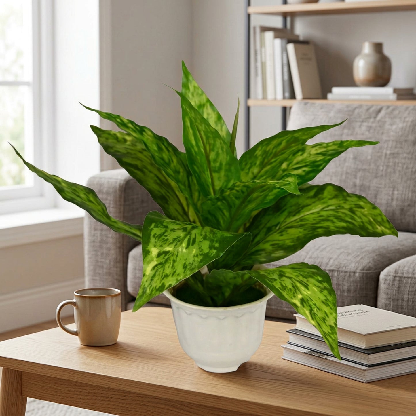 Artificial Dieffenbachia Plant with Pot 44 cm – Real Touch Green Faux Indoor Plant for Home & Office Décor