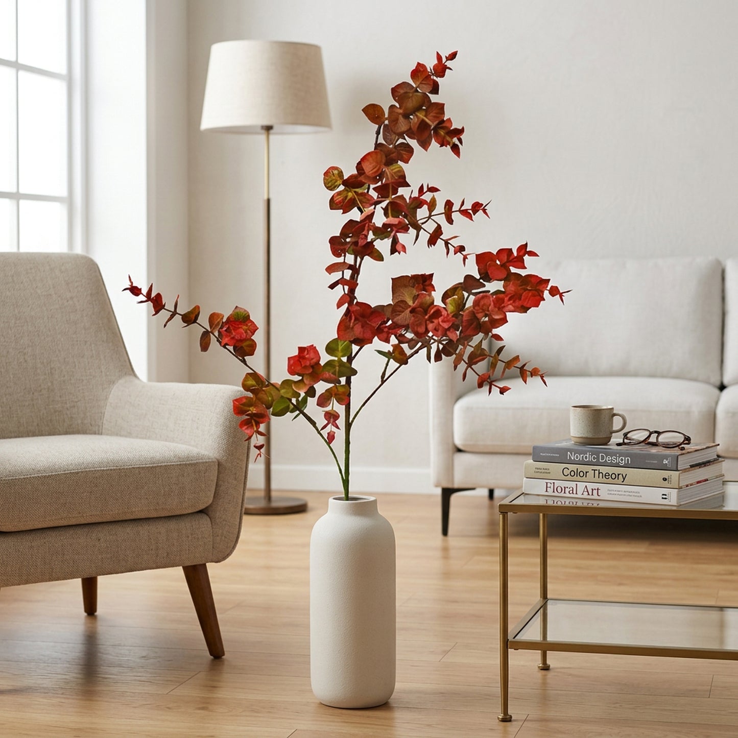 Artificial Red Eucalyptus Branch 103 cm – Real Touch Faux Autumn Leaf Stem for Tall Vase & Home Décor