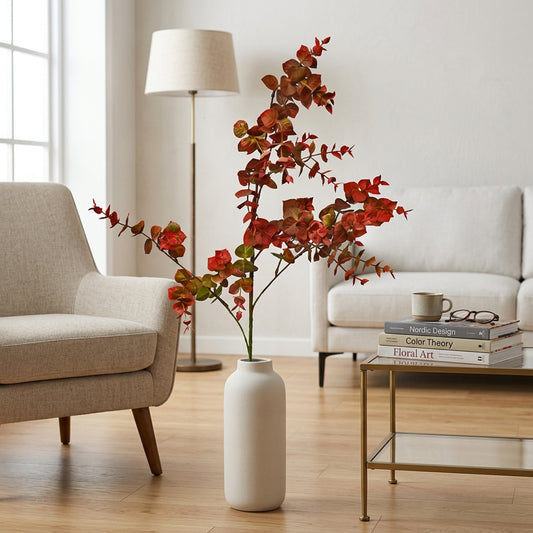 Artificial Red Eucalyptus Branch 103 cm – Real Touch Faux Autumn Leaf Stem for Tall Vase & Home Décor