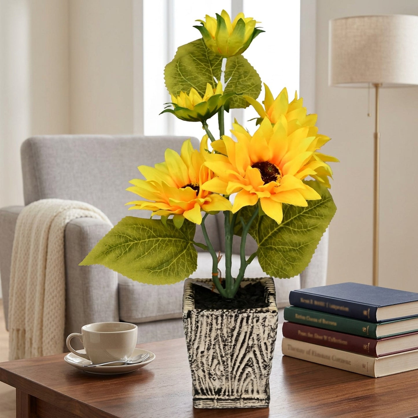 Artificial Sunflower Plant with Pot 40 cm – Real Touch Potted Yellow Flowers for Home & Office Décor