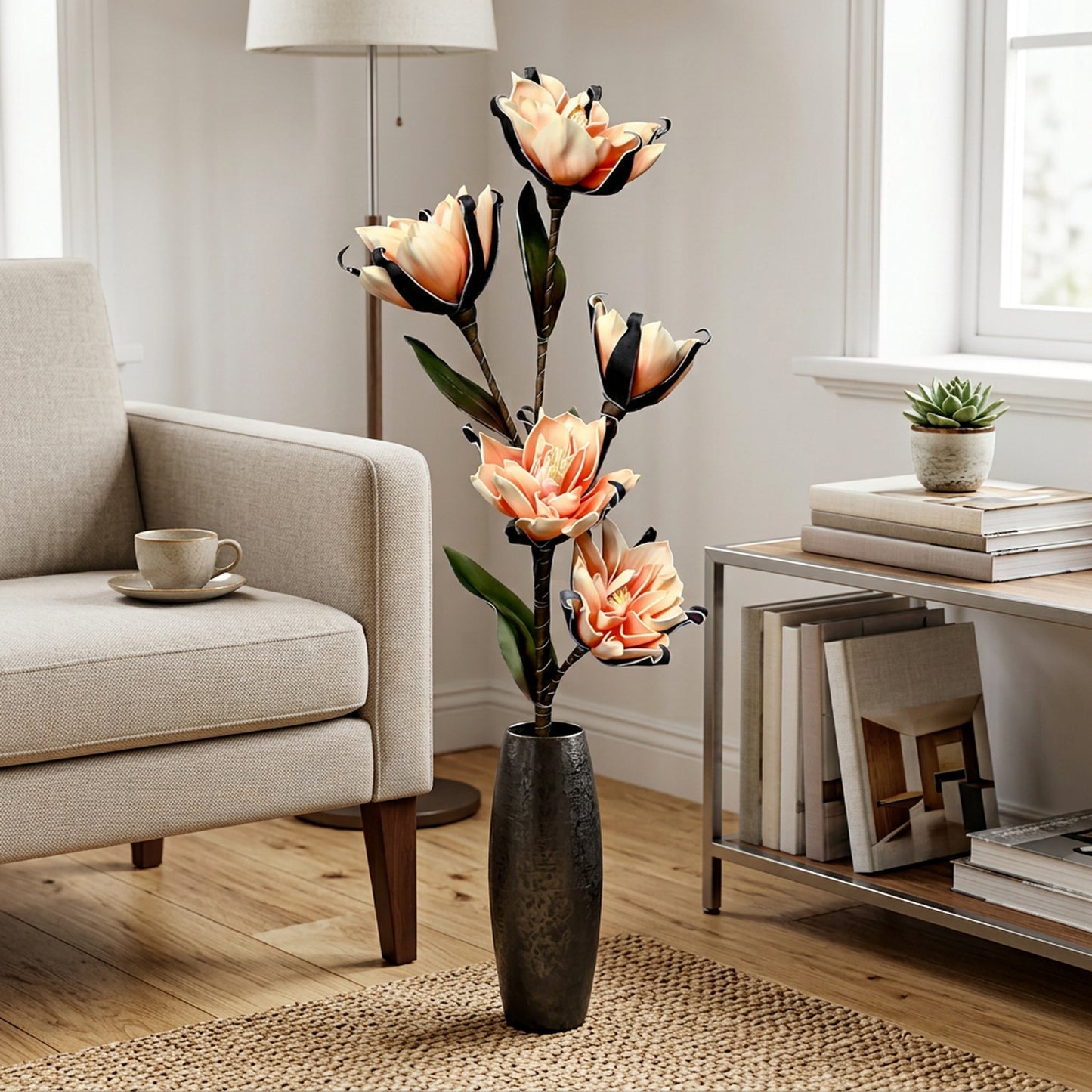 Artificial Peach Magnolia Stick 120 cm – Real Touch Tall Faux Flower Stem for Floor Vase & Home Décor