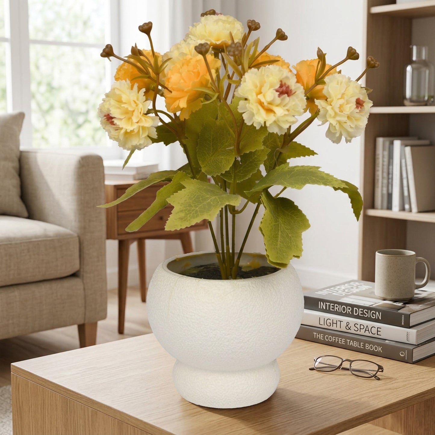 Artificial Cream Orange Flower Plant with Pot 40 cm – Real Touch Potted Flowers for Home & Pooja Décor