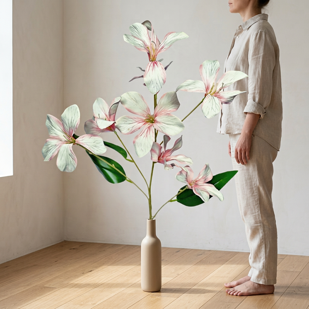 Artificial White-Pink Lily Flower Stick 78 cm – Real Touch Faux Flower Spray for Vase & Home Décor