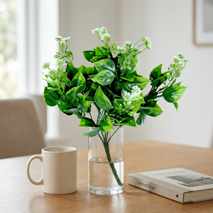 Artificial Green Leaf Bunch 34 cm with White Flowers – Real Touch Faux Foliage for Home & Garden Décor