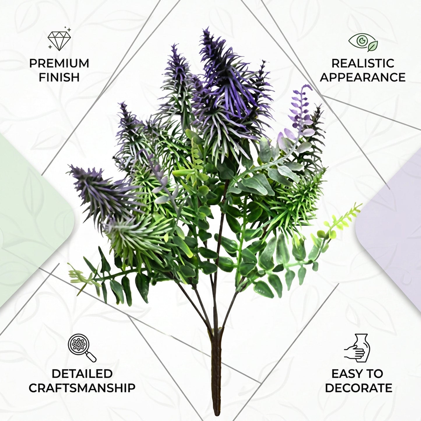 Artificial Lavender & Fern Bunch 34 cm – Real Touch Faux Purple Flower Bush for Home & Garden Décor