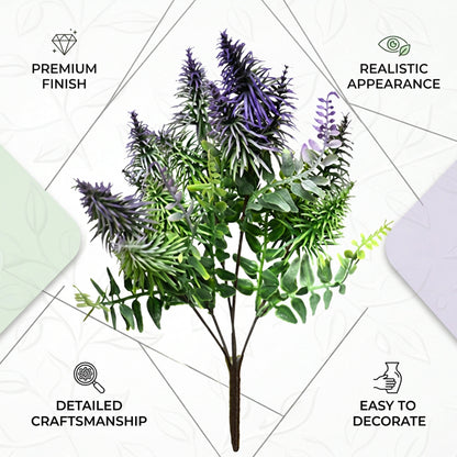 Artificial Lavender & Fern Bunch 34 cm – Real Touch Faux Purple Flower Bush for Home & Garden Décor