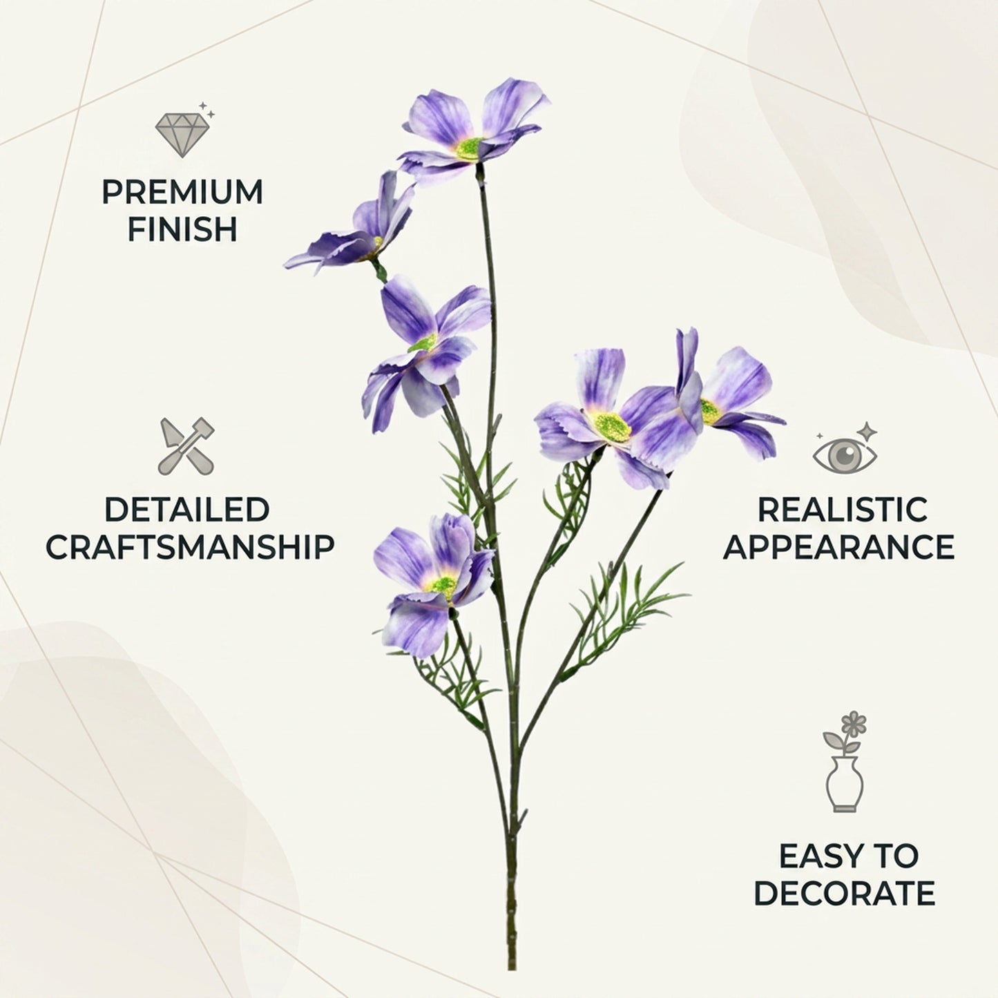 Artificial Purple Cosmos Flower Stick 82 cm – Real Touch Faux Wildflower Spray for Vase & Home Décor