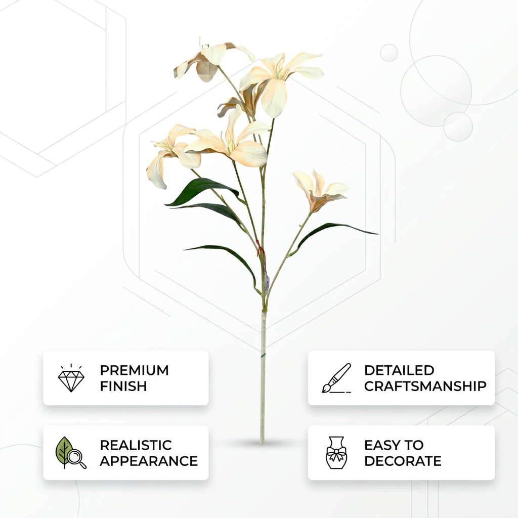 Artificial Cream White Lily Stick 77 cm – Real Touch Faux Flower Spray for Vase & Home Décor