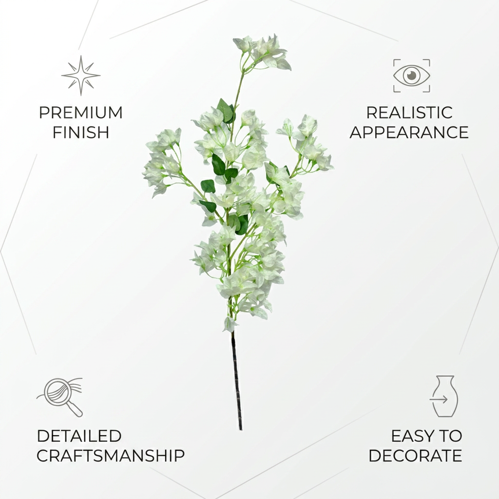 Artificial White Bougainvillea Stick 120 cm – Real Touch Tall Faux Flower Branch for Floor Vase & Home Décor