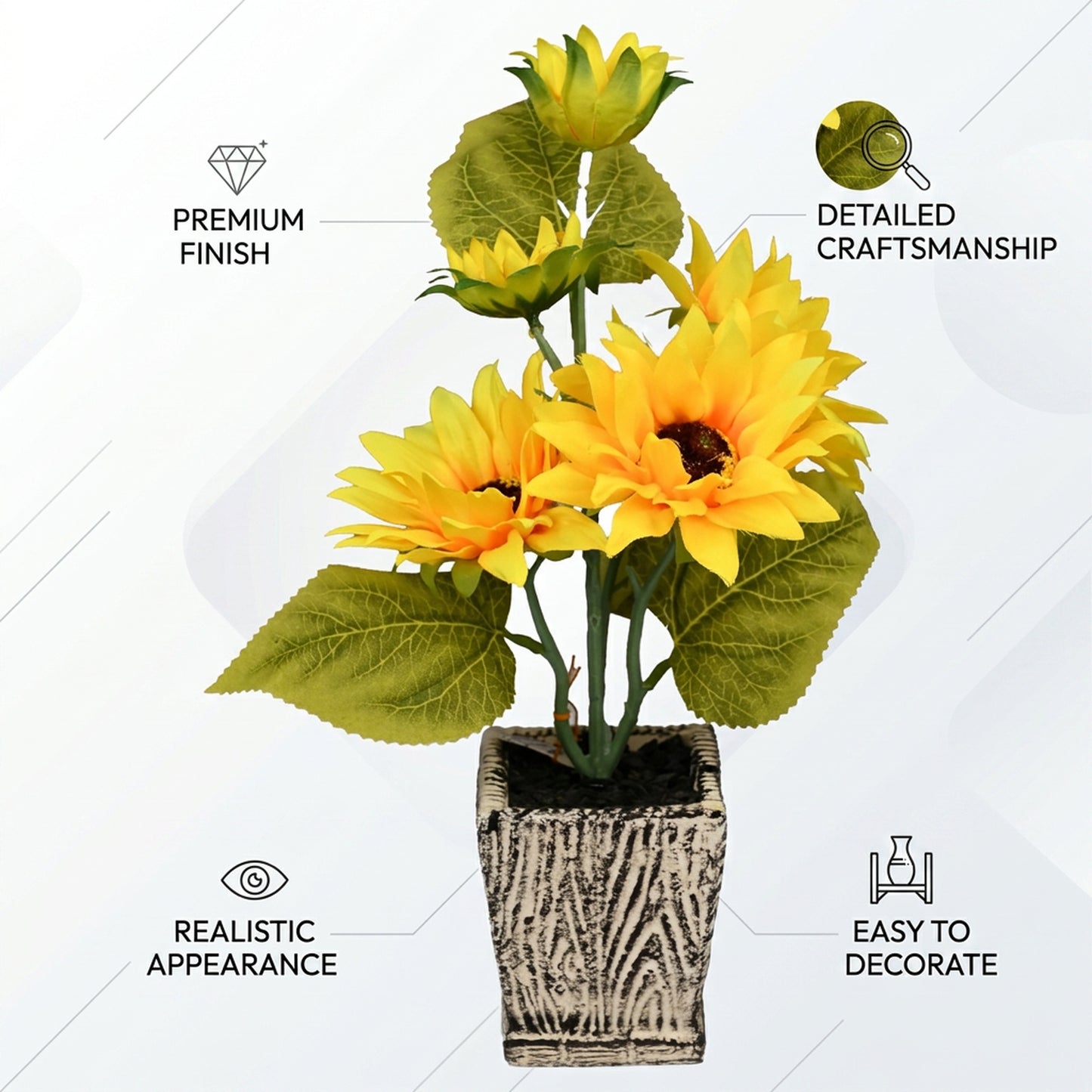 Artificial Sunflower Plant with Pot 40 cm – Real Touch Potted Yellow Flowers for Home & Office Décor