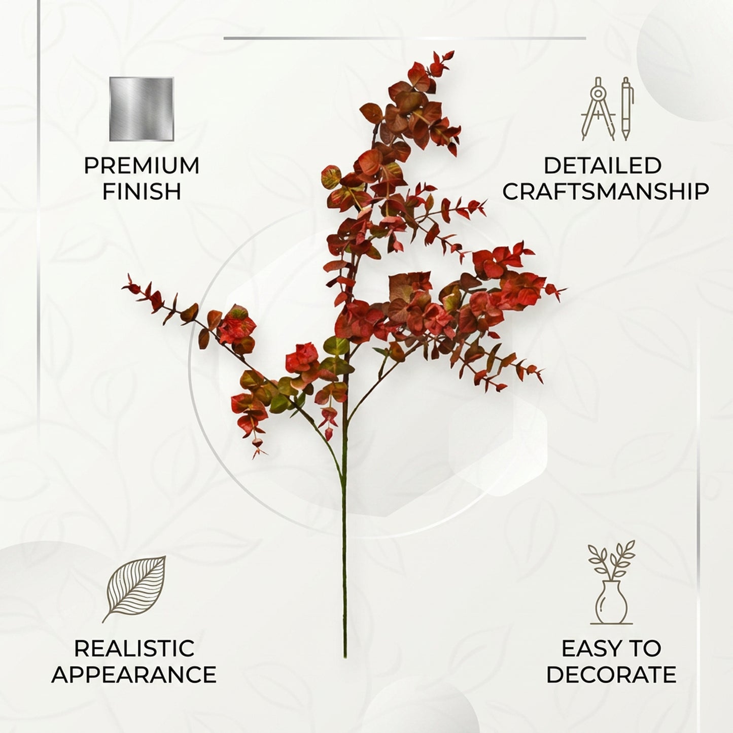 Artificial Red Eucalyptus Branch 103 cm – Real Touch Faux Autumn Leaf Stem for Tall Vase & Home Décor
