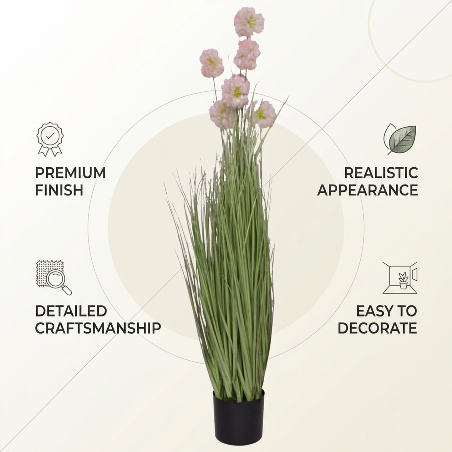 Artificial Tall Grass Plant with Pink Flowers 125 cm – Real Touch Faux Plant with Pot for Home Décor