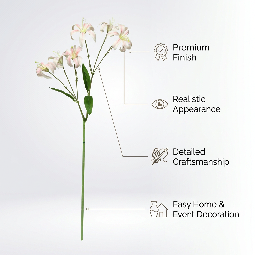 Artificial White Pink Lily Stick 88 cm – Real Touch Faux Flower Spray for Tall Vase & Home Décor