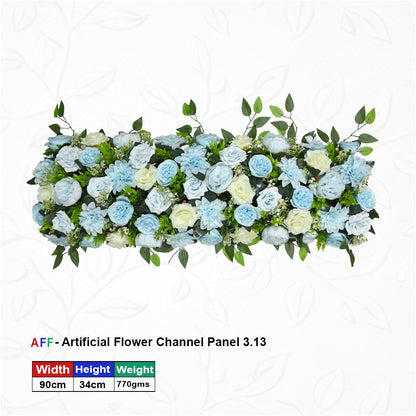Artificial Flower Factory – Serene Azure & Ivory Meadow Channel Panel | Cool Blue Rose & Crisp White Bloom Row | 90cm Elegant Floral Arrangement for Wedding Altars, Table Runners, & Wall Decor