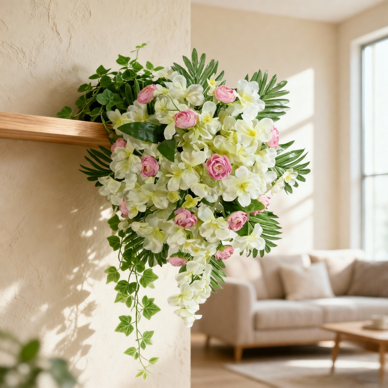 Artificial Flower Pearlescent White & Soft Blush Cascade Wall Arrangement