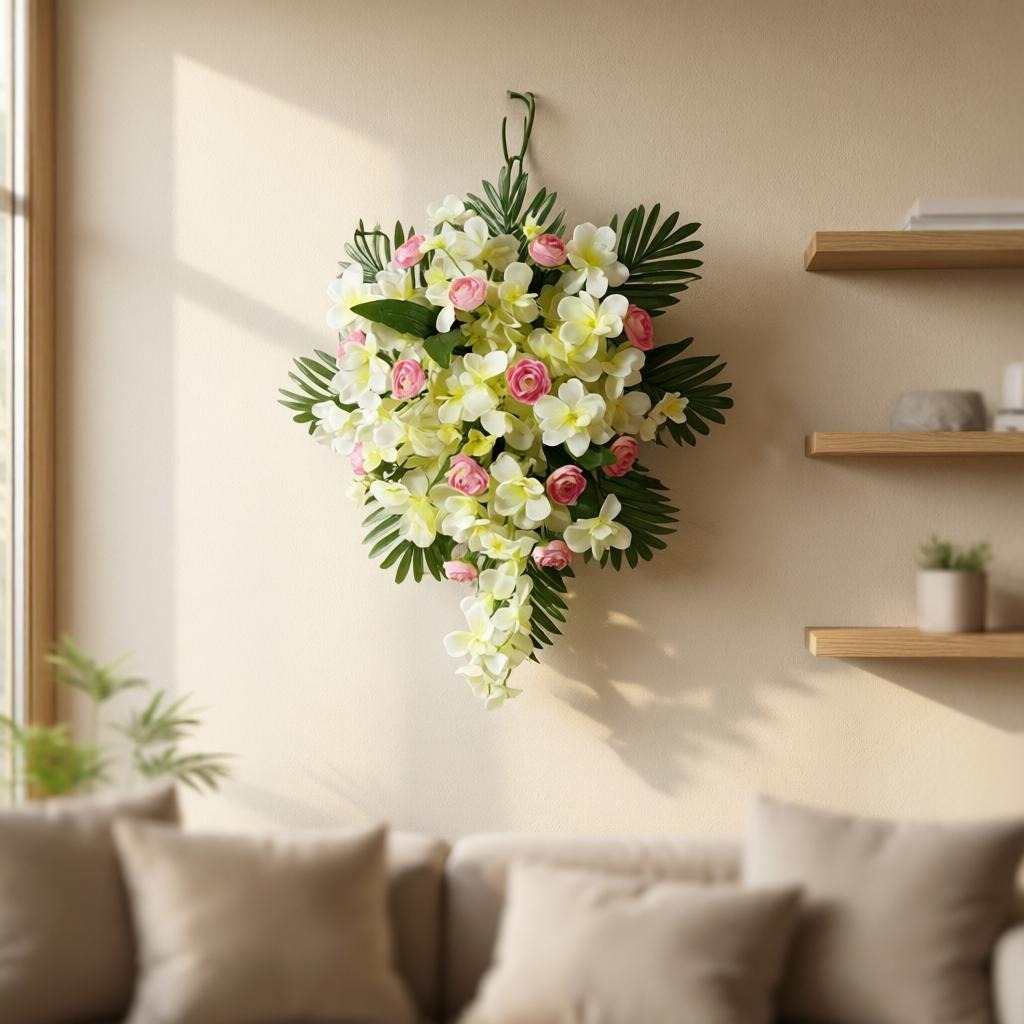 Artificial Flower Pearlescent White & Soft Blush Cascade Wall Arrangement