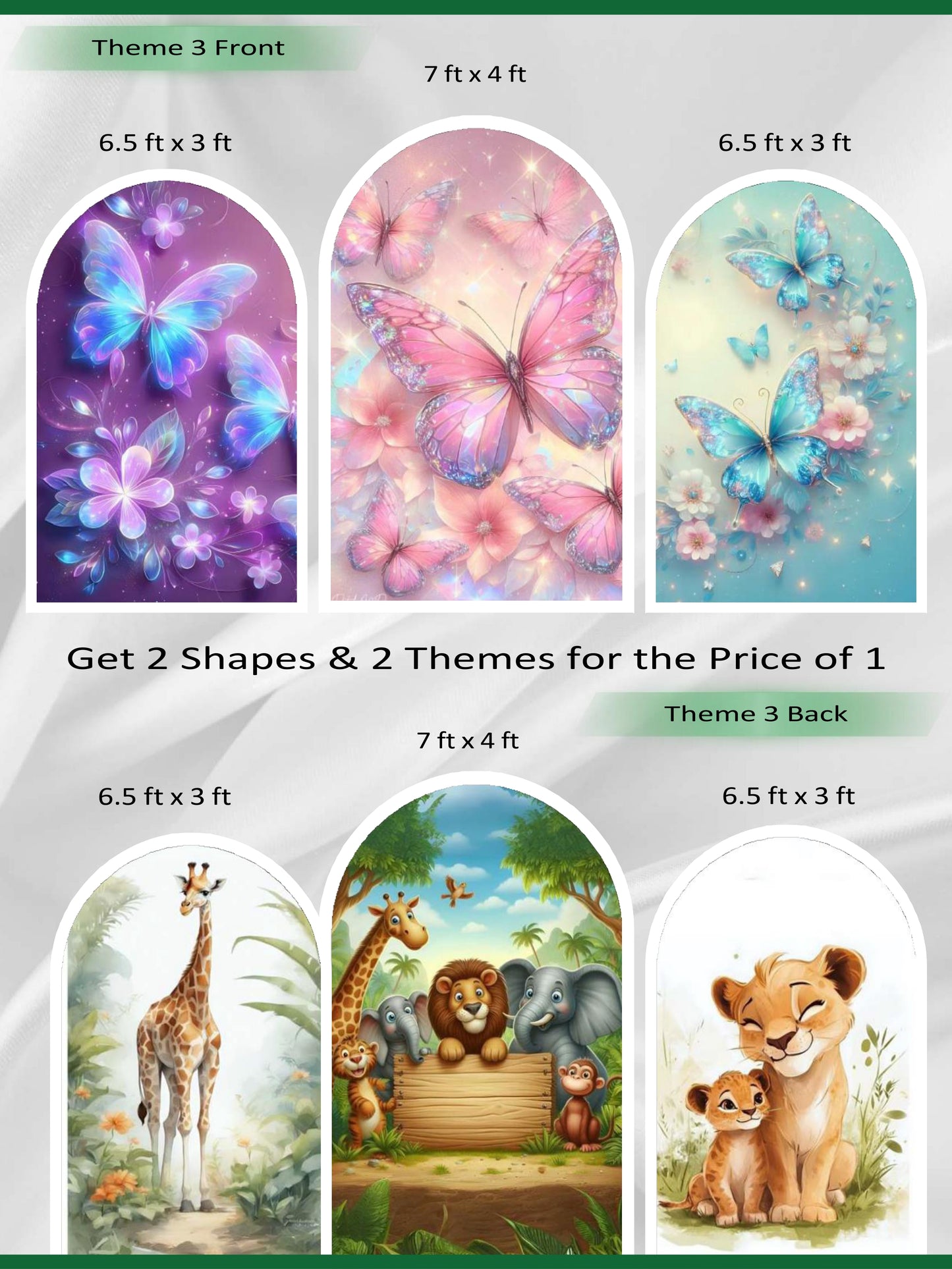 Premium Reversible Enchanted Arch Set (3 Pcs) – Butterfly & Safari Collection | Dual-Themed Italian Fabric Backdrops