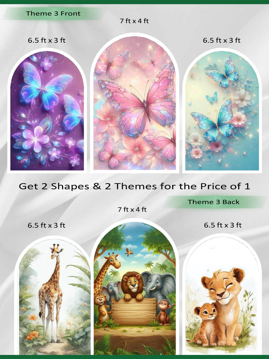 Premium Reversible Enchanted Arch Set (3 Pcs) – Butterfly & Safari Collection | Dual-Themed Italian Fabric Backdrops