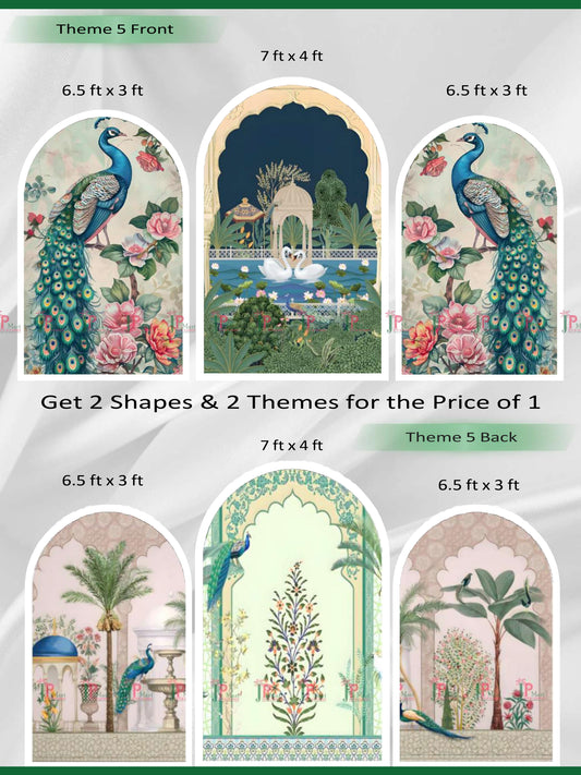 Premium Reversible Mughal Garden Arch Set (3 Pcs) – Royal Peacock & Heritage Pichwai Collection | Dual-Themed Italian Fabric Backdrops