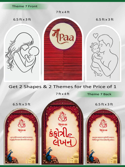 Premium Reversible Family & Kankotri Arch Set (3 Pcs) – Maa-Paa Tribute & Traditional Wedding Invitation Collection | Dual-Themed Italian Fabric Backdrops