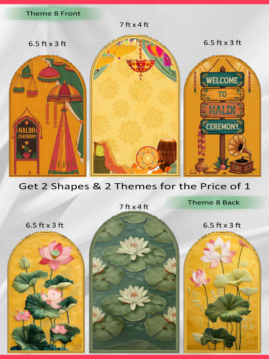 Premium Reversible Haldi & Lotus Symphony Arch Set (3 Pcs) Vibrant Celebration & Serene Floral Collection | Dual-Themed Italian Fabric Backdrops