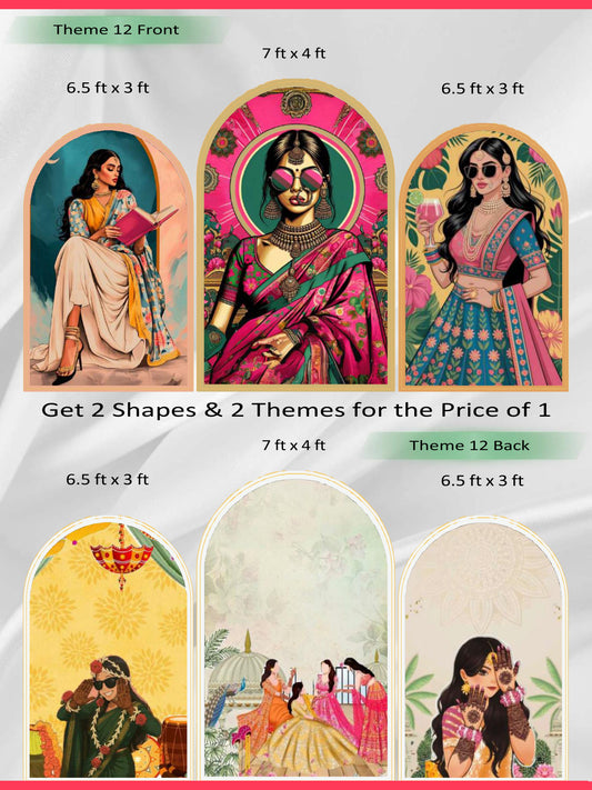 Premium Reversible Boho Chic & Mehendi Magic Arch Set (3 Pcs) Modern Desi Muse & Traditional Festivity Collection | Dual-Themed Italian Fabric Backdrops