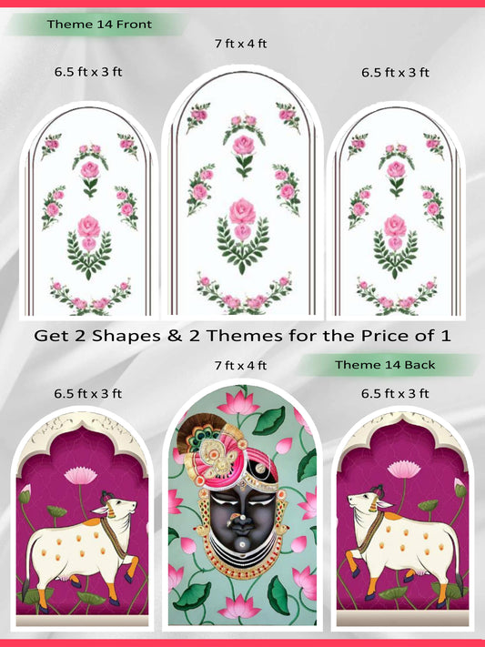 Premium Reversible Vintage Rose & Shrinathji Pichwai Arch Set (3 Pcs) Classic Floral Elegance & Divine Rajasthani Art Collection | Dual-Themed Italian Fabric Backdrops
