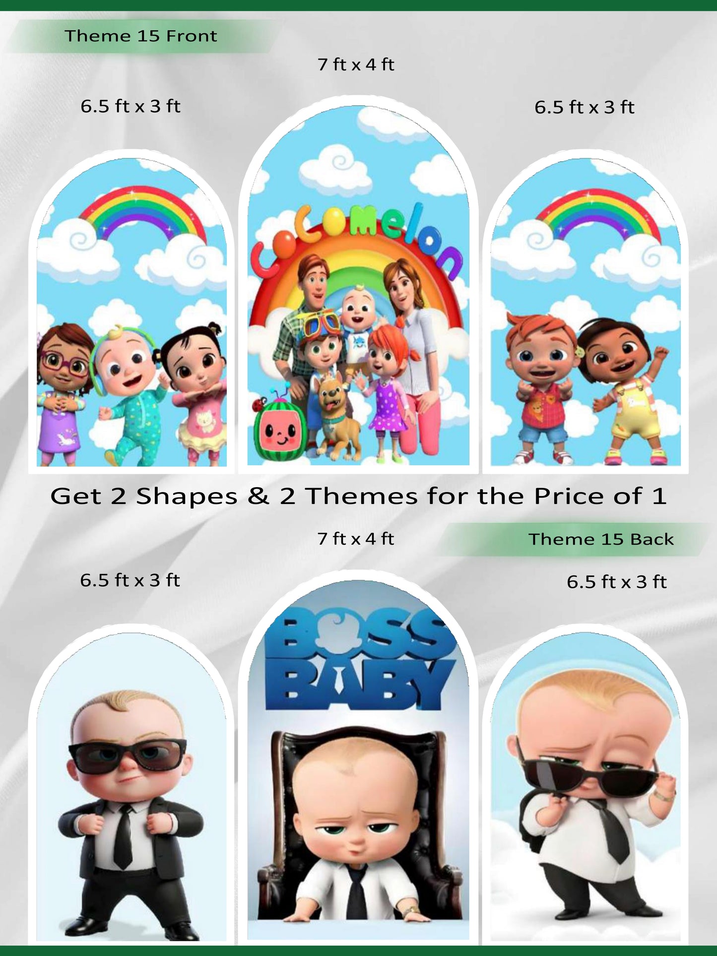 Premium Reversible Cocomelon Sky & Boss Baby Suite Arch Set (3 Pcs) Animated Adventures & Toddler Fun Collection | Dual-Themed Italian Fabric Backdrops