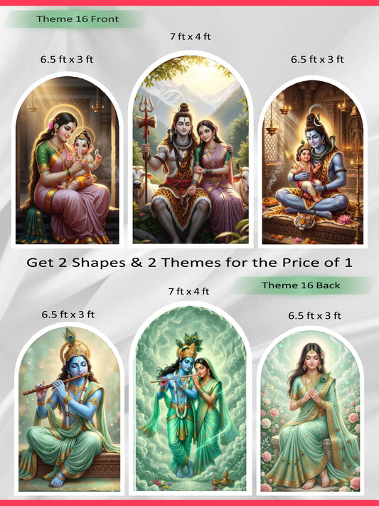 Premium Reversible Shiv Parivar & Radha Krishna Devotion Arch Set (3 Pcs) Divine Love & Celestial Harmony Collection | Dual-Themed Italian Fabric Backdrops
