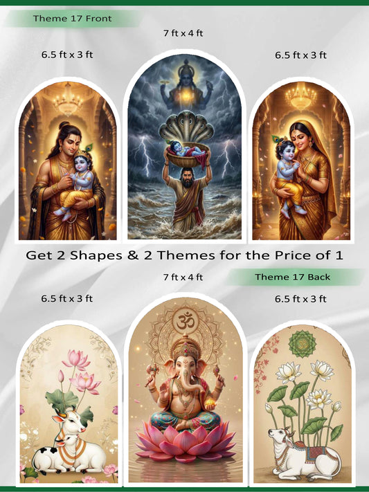 Premium Reversible Krishna Leela & Ganesha Wisdom Arch Set (3 Pcs) Divine Epics & Serene Blessings Collection | Dual-Themed Italian Fabric Backdrops