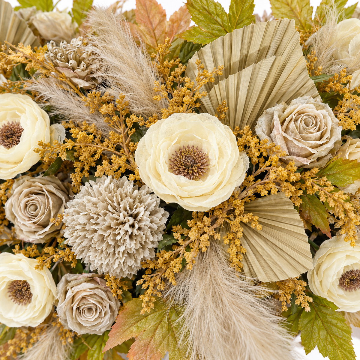 Artificial Ivory & Beige Floral Channel Panel with Decorative Palm Leaves for Wedding & Event Décor – 90 × 47 cm