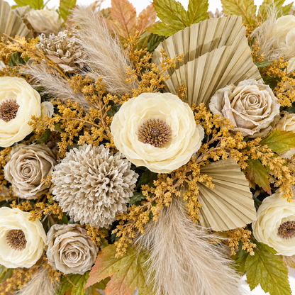 Artificial Ivory & Beige Floral Channel Panel with Decorative Palm Leaves for Wedding & Event Décor – 90 × 47 cm