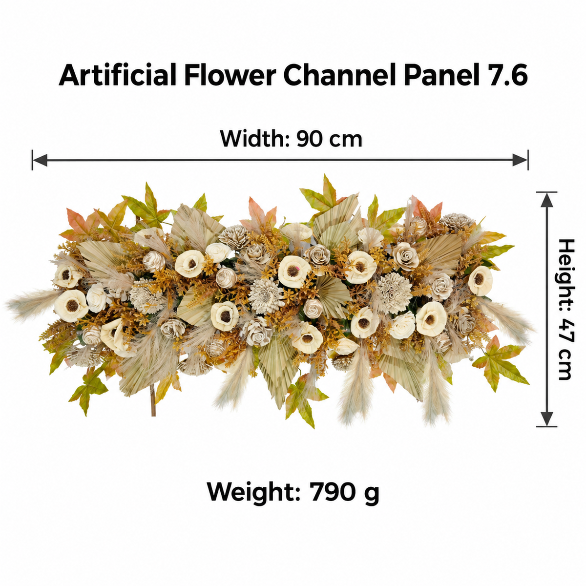 Artificial Ivory & Beige Floral Channel Panel with Decorative Palm Leaves for Wedding & Event Décor – 90 × 47 cm
