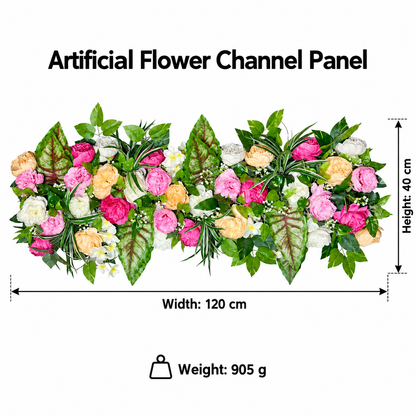 Artificial Pink, Peach & Ivory Floral Channel Panel with Green Foliage for Wedding & Event Décor – 120 × 40 cm