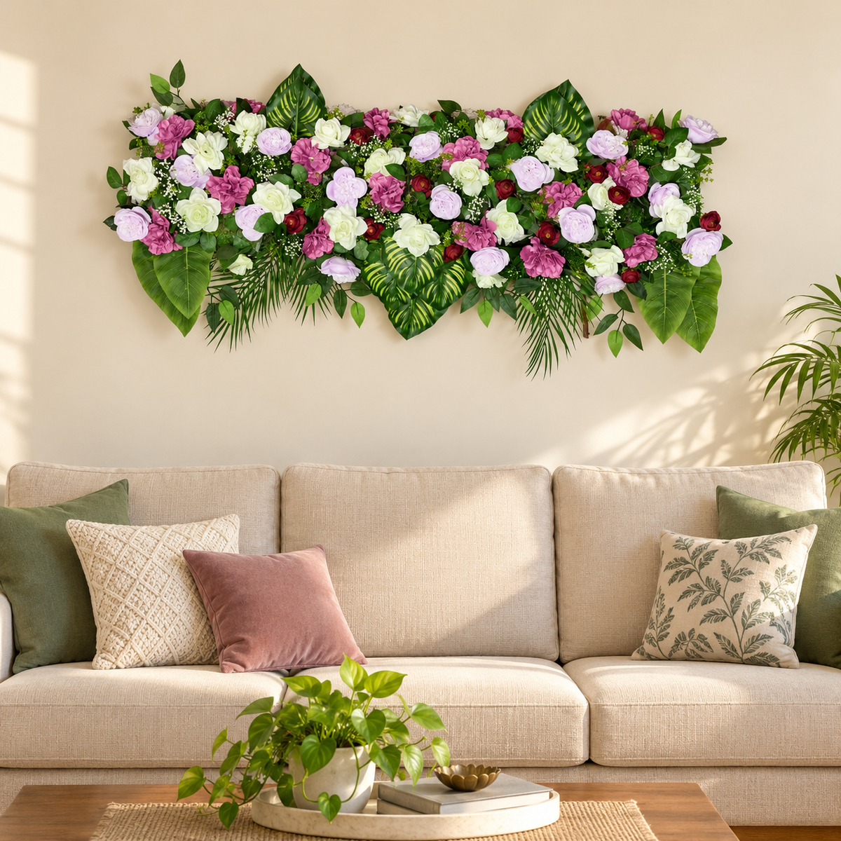 Artificial Lavender, Purple & Ivory Floral Channel Panel with Green Foliage for Wedding & Event Décor – 120 × 36 cm