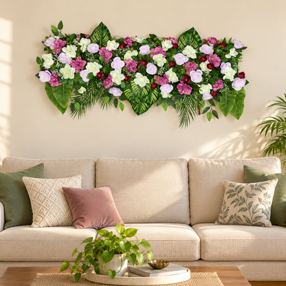 Artificial Lavender, Purple & Ivory Floral Channel Panel with Green Foliage for Wedding & Event Décor – 120 × 36 cm