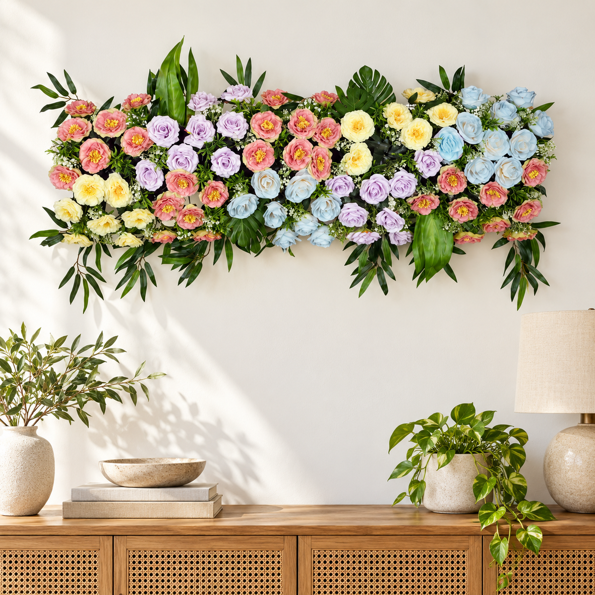 Artificial Multicolour Floral Channel Panel with Green Foliage for Wedding & Event Décor – 120 × 36 cm