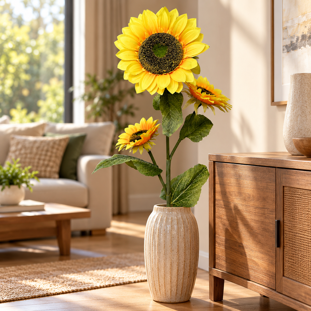 Artificial Yellow Sunflower Stick with 3 Blooms & Green Leaves – 118 cm | Home, Office & Event Decoration