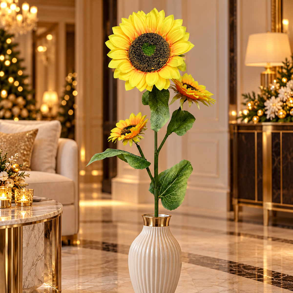 Artificial Yellow Sunflower Stick with 3 Blooms & Green Leaves – 118 cm | Home, Office & Event Decoration