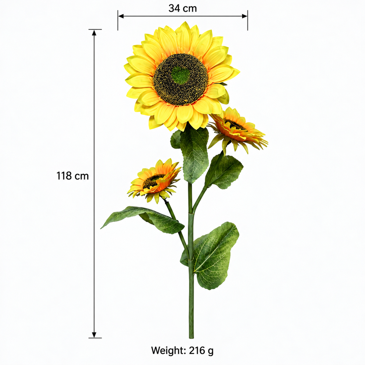 Artificial Yellow Sunflower Stick with 3 Blooms & Green Leaves – 118 cm | Home, Office & Event Decoration