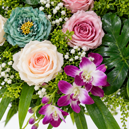 Artificial Pink & Ivory Rose Floral Channel Panel with Purple Orchids & Green Foliage for Wedding & Event Décor – 120 × 42 cm | Pack of 1