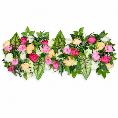 Artificial Pink, Peach & Ivory Floral Channel Panel with Green Foliage for Wedding & Event Décor – 120 × 40 cm